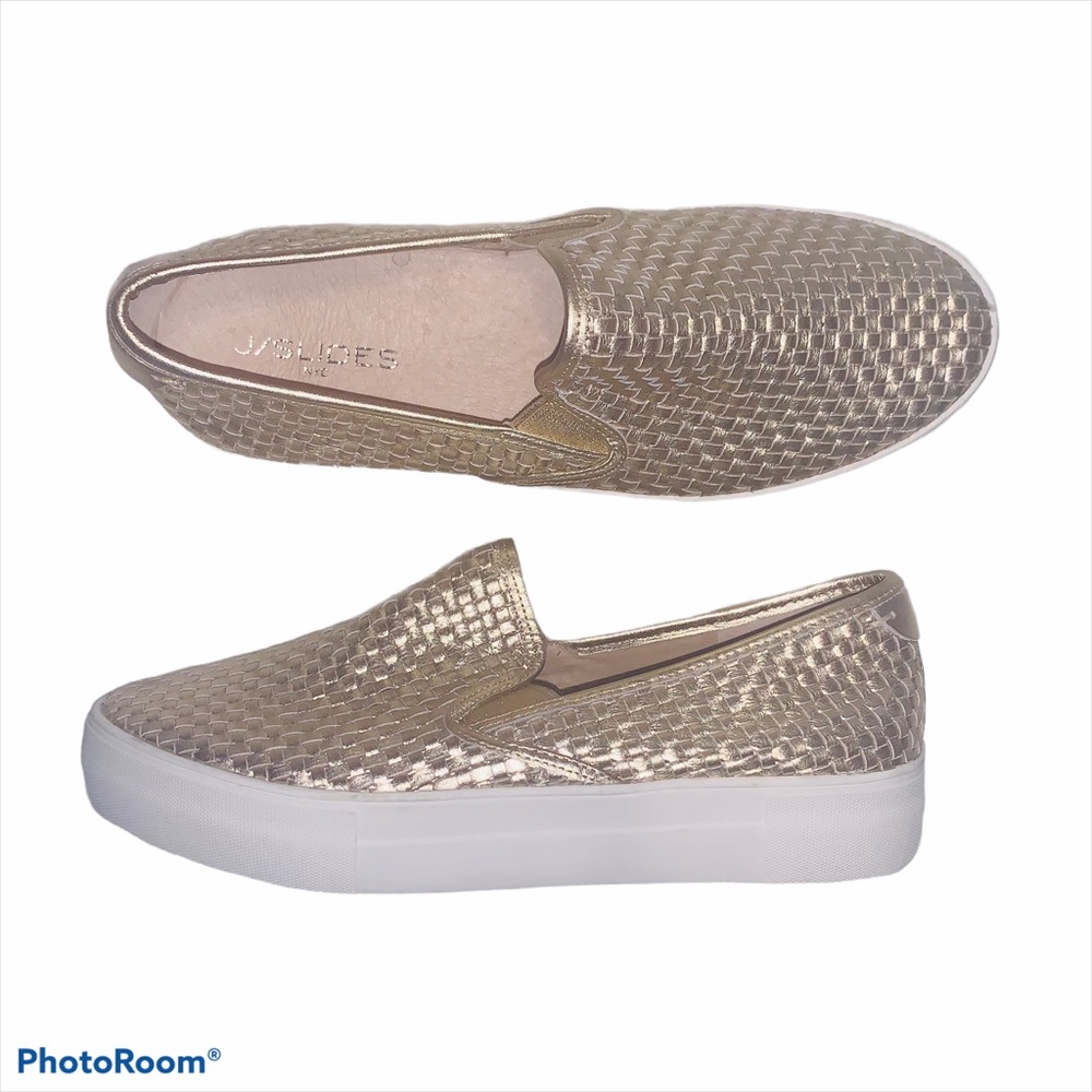 J/Slides Gold Justine Woven Leather Sneakers